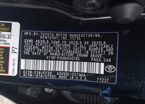2016 Toyota Camry Se z USA, uszkodzony, nr VIN 4T1BF1FK0GU545765